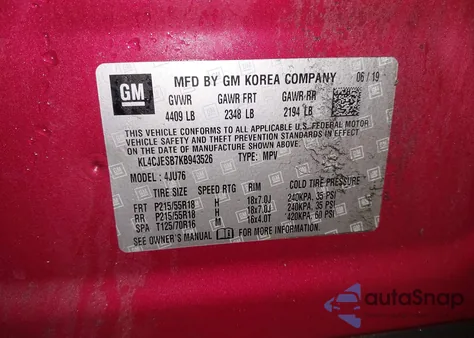 2019 Buick Encore Awd Preferred z USA, uszkodzony, nr VIN KL4CJESB7KB943526